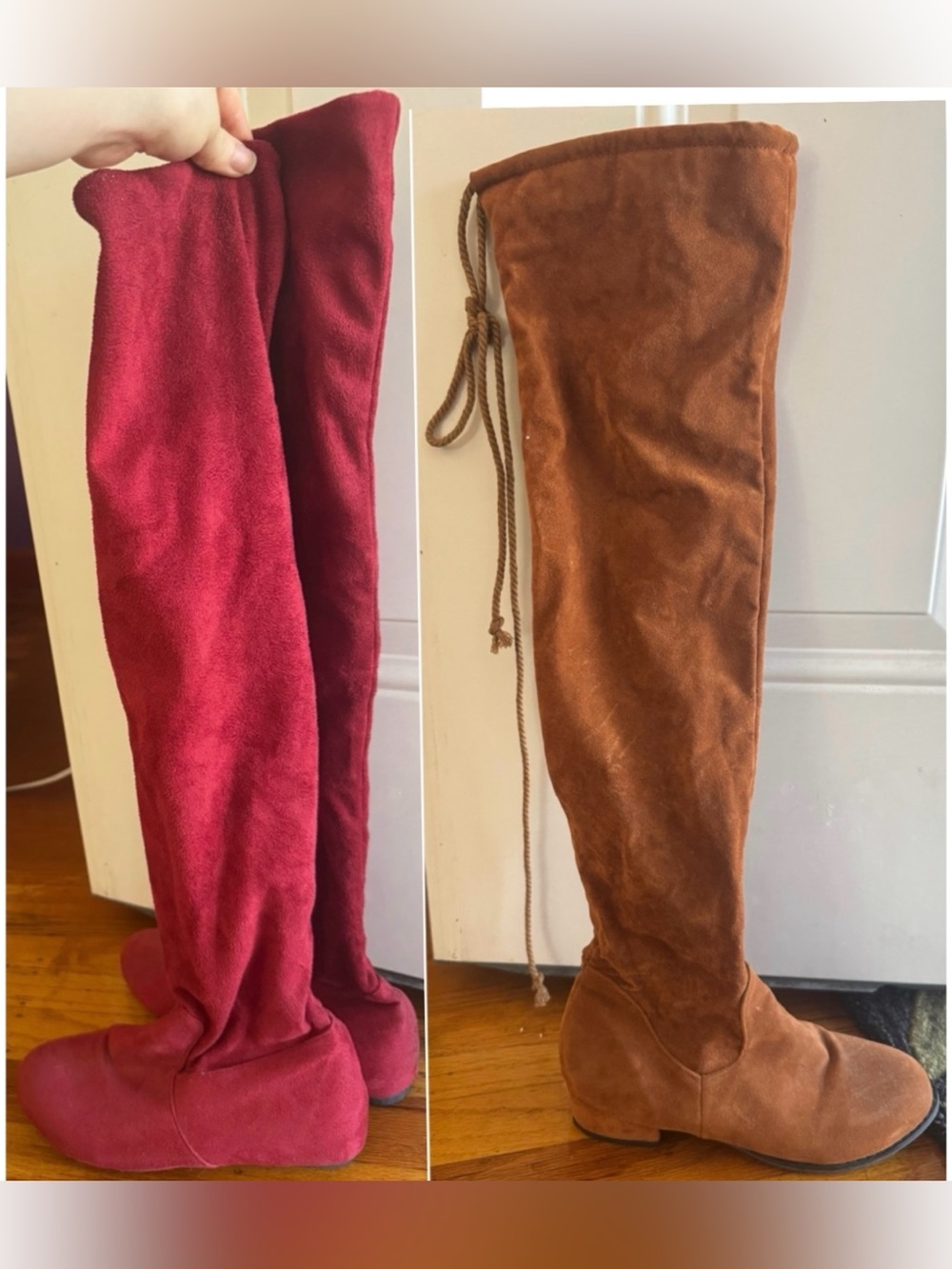 👢 Caramel Brown & Red Thigh High Boots (2)